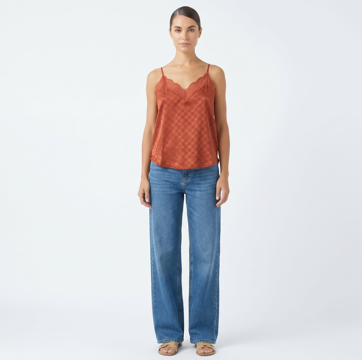 The Aria Checkered Jacquard Lace-Trim Satin Cami