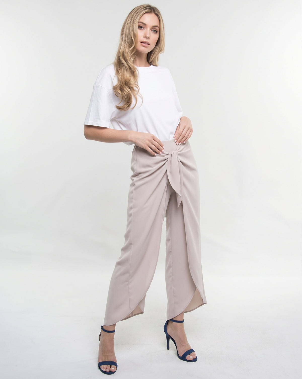 The Amara Draped Tie-Front Tulip Wide-Leg Pants in Taupe