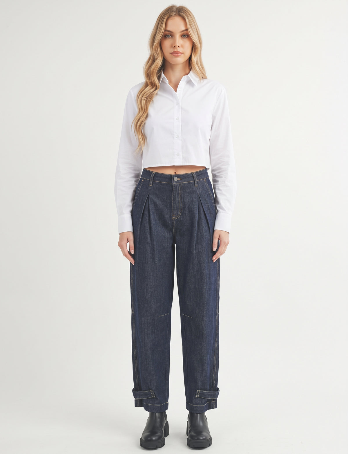 The Harlow Pleated Barrel-Leg Cuff-Tab Jeans in Dark Wash