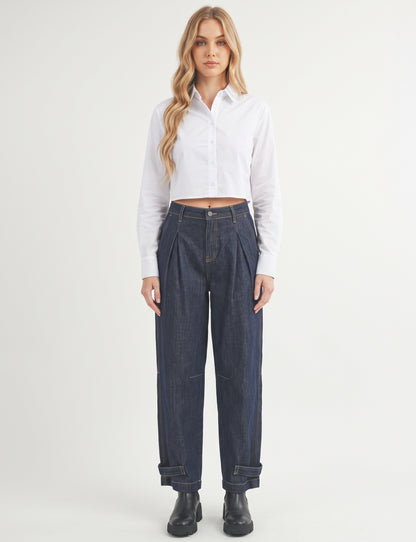 The Harlow Pleated Barrel-Leg Cuff-Tab Jeans in Dark Wash
