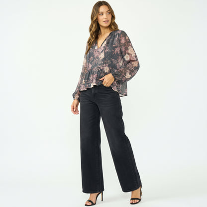 The Adelaide Chiffon Peplum Blouse in Slate Floral