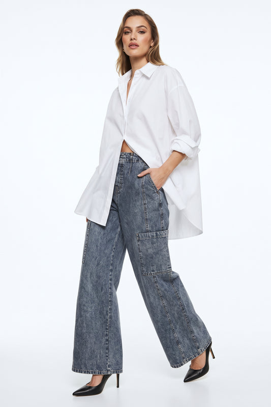 The Rowan Acid-Wash Wide-Leg Cargo Denim Pants in Grey