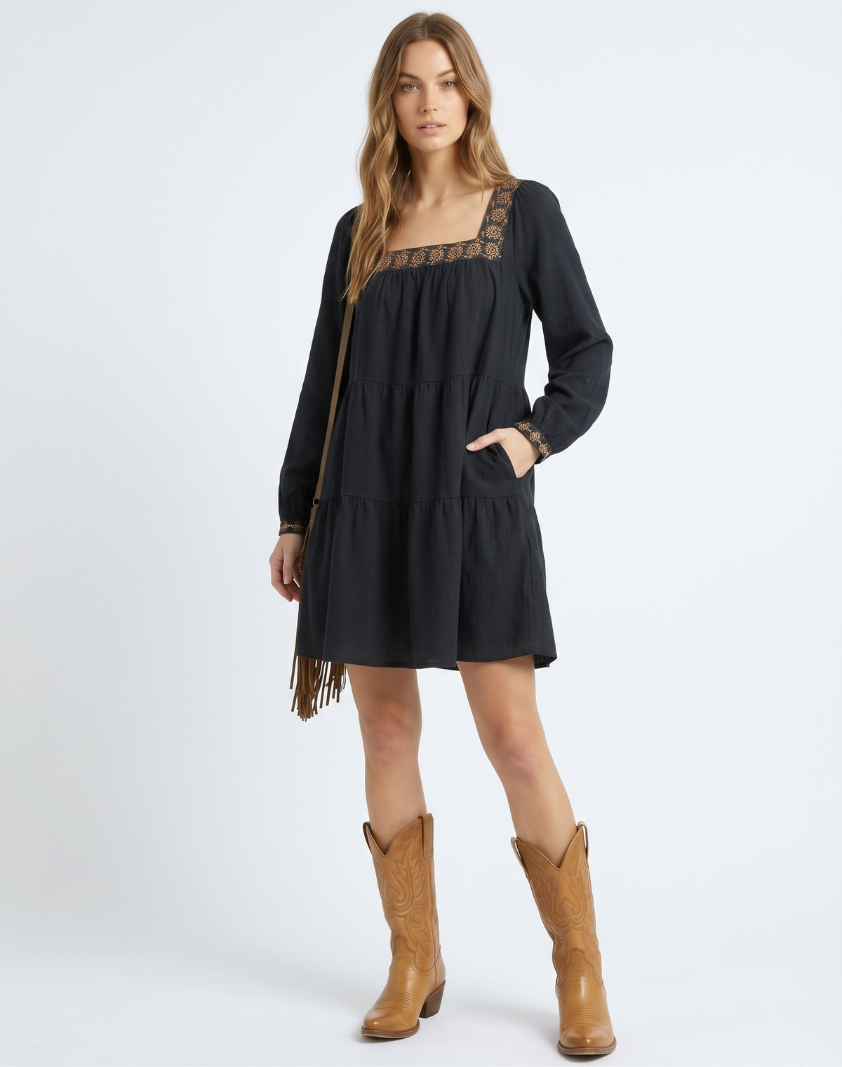 The Sienna Embroidered Square-Neck Tiered Babydoll Dress in Black