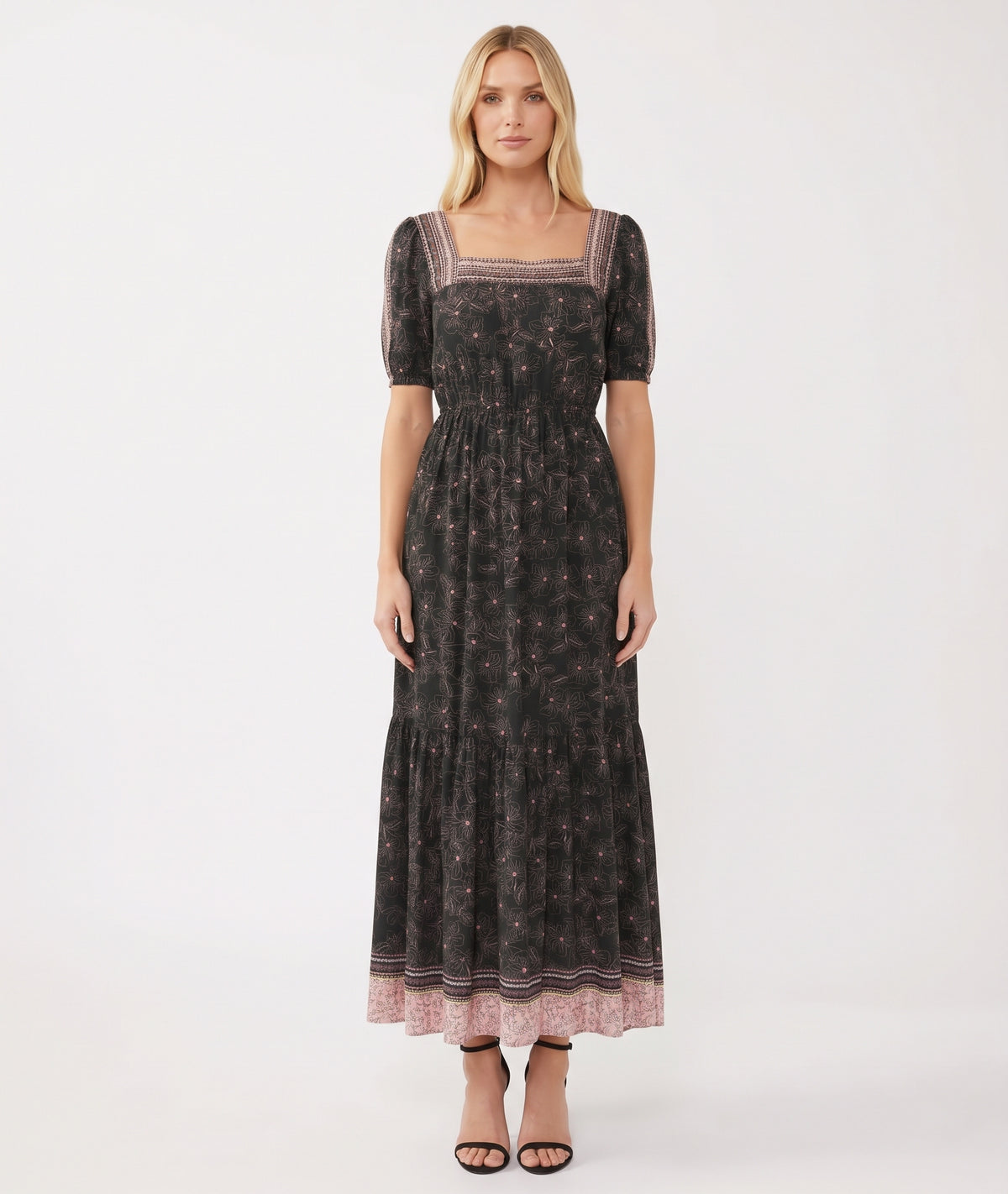 The Florence Square-Neck Border-Print Tiered Maxi Dress in Black