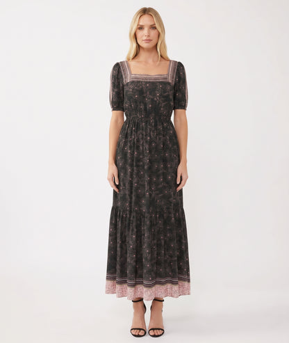 The Florence Square-Neck Border-Print Tiered Maxi Dress in Black
