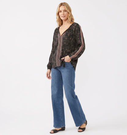 The Florence Border-Print Tassel-Tie Blouse in Black