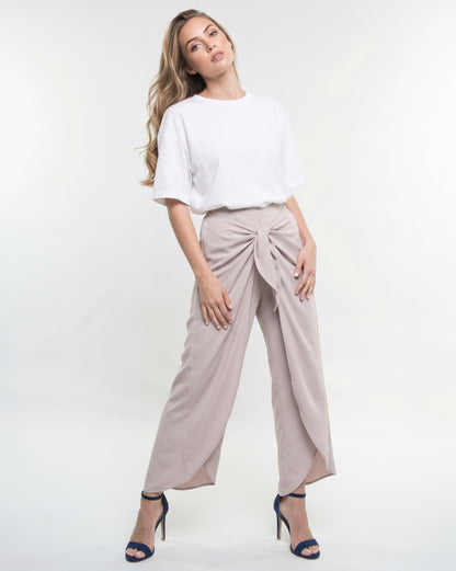 The Amara Draped Tie-Front Tulip Wide-Leg Pants in Taupe