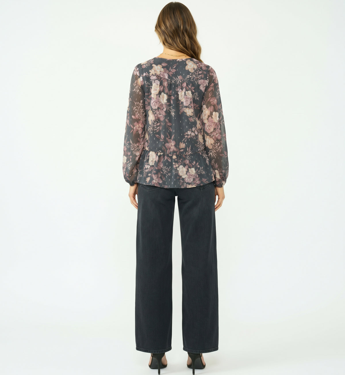 The Adelaide Chiffon Peplum Blouse in Slate Floral