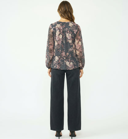 The Adelaide Chiffon Peplum Blouse in Slate Floral