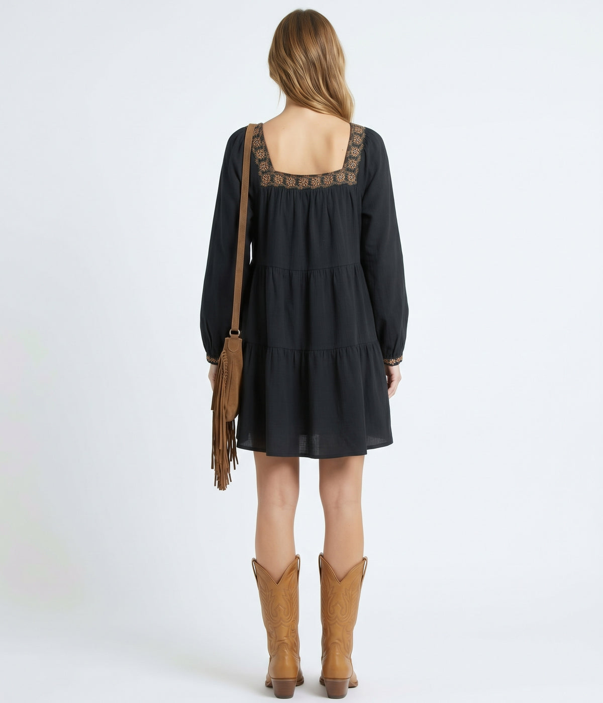 The Sienna Embroidered Square-Neck Tiered Babydoll Dress in Black