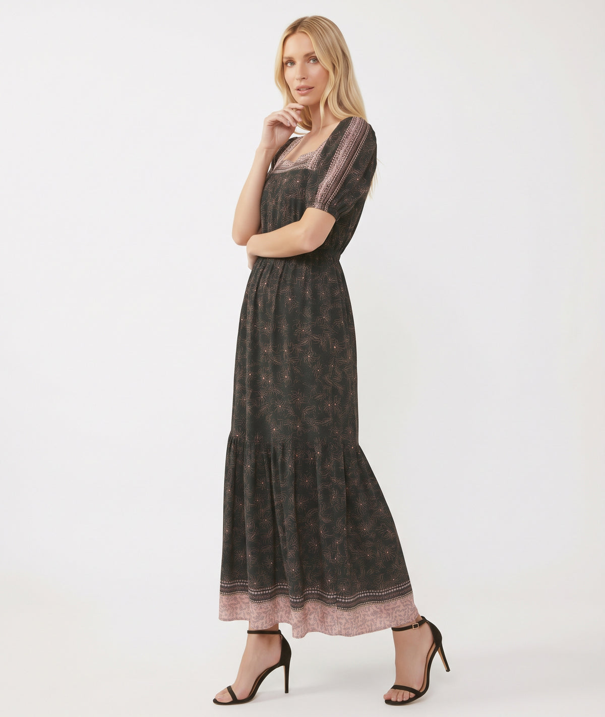 The Florence Square-Neck Border-Print Tiered Maxi Dress in Black