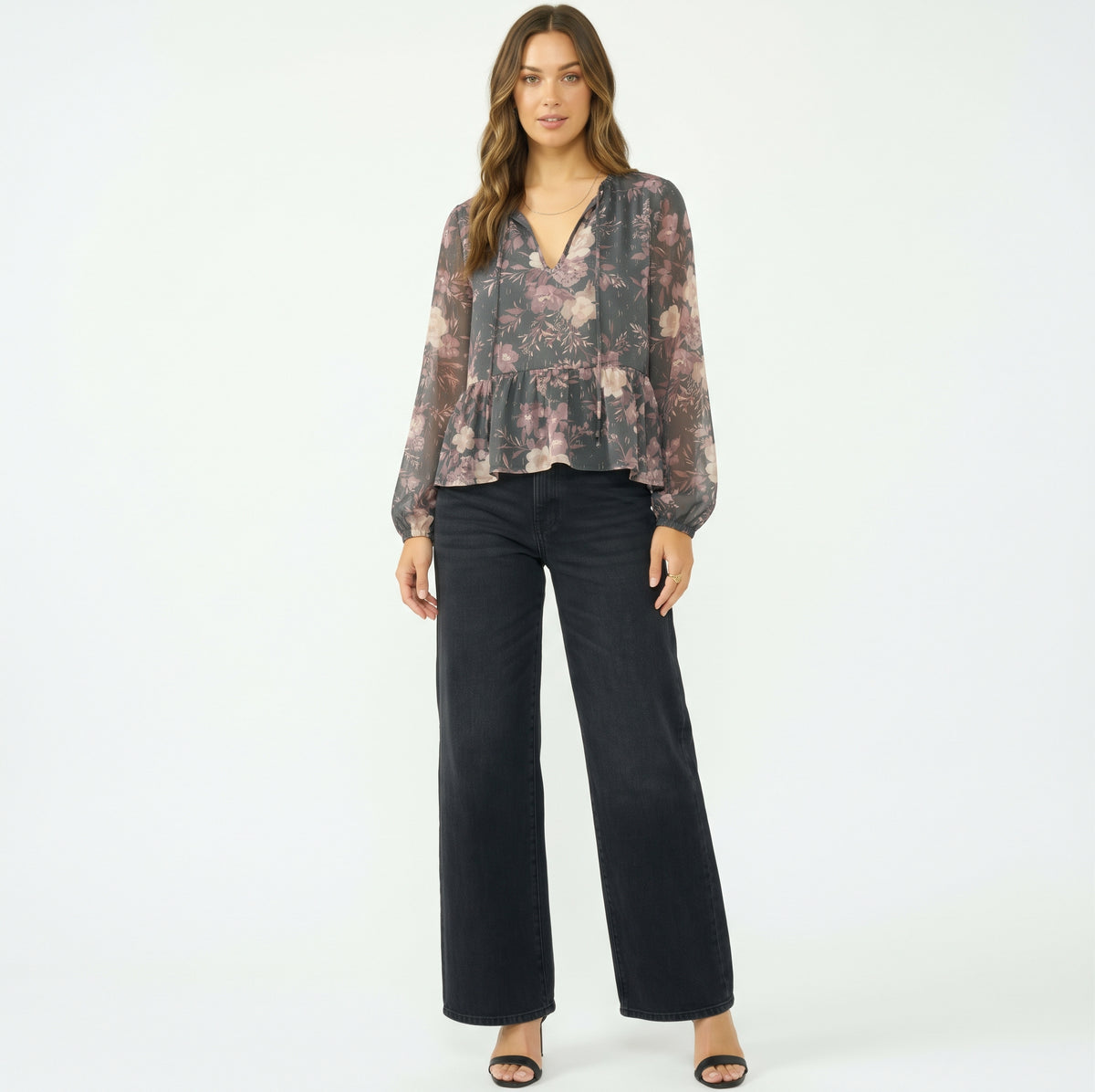 The Adelaide Chiffon Peplum Blouse in Slate Floral