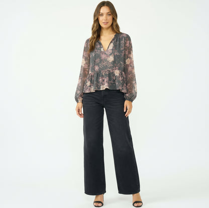 The Adelaide Chiffon Peplum Blouse in Slate Floral