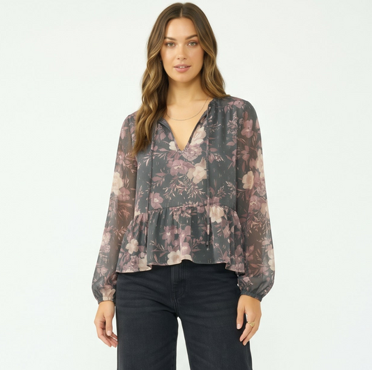 The Adelaide Chiffon Peplum Blouse in Slate Floral