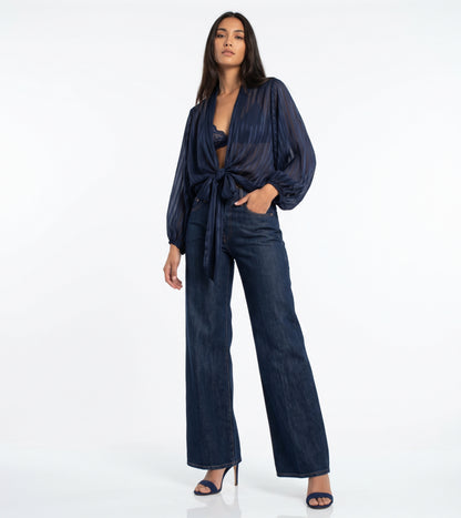 The Callista Striped Sheer Shimmer Tie-Front Blouse
