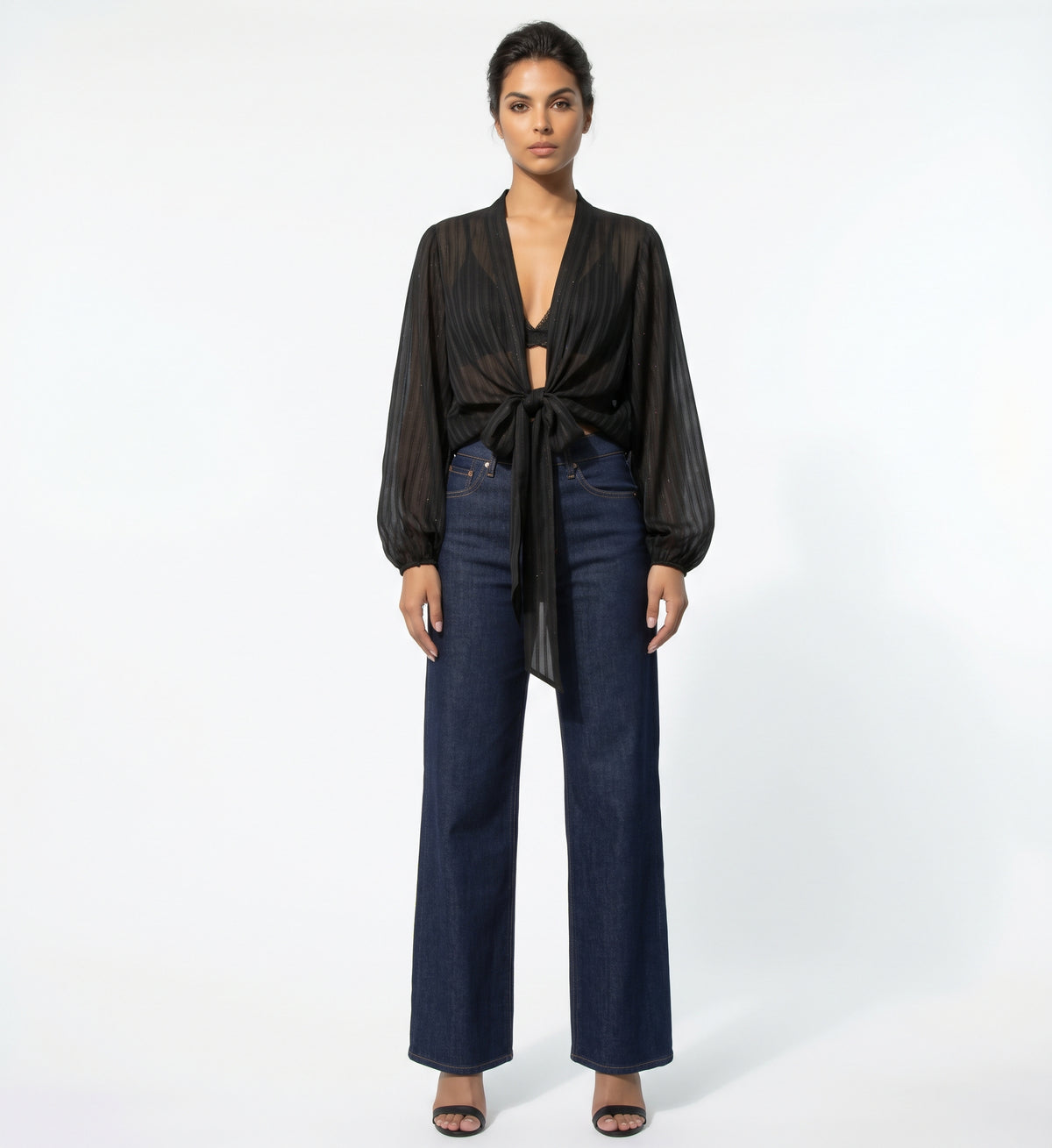 The Callista Striped Sheer Shimmer Tie-Front Blouse