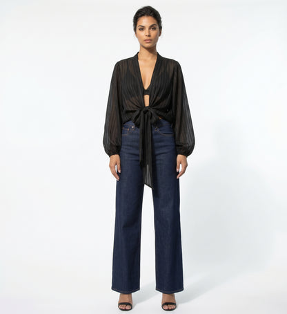 The Callista Striped Sheer Shimmer Tie-Front Blouse