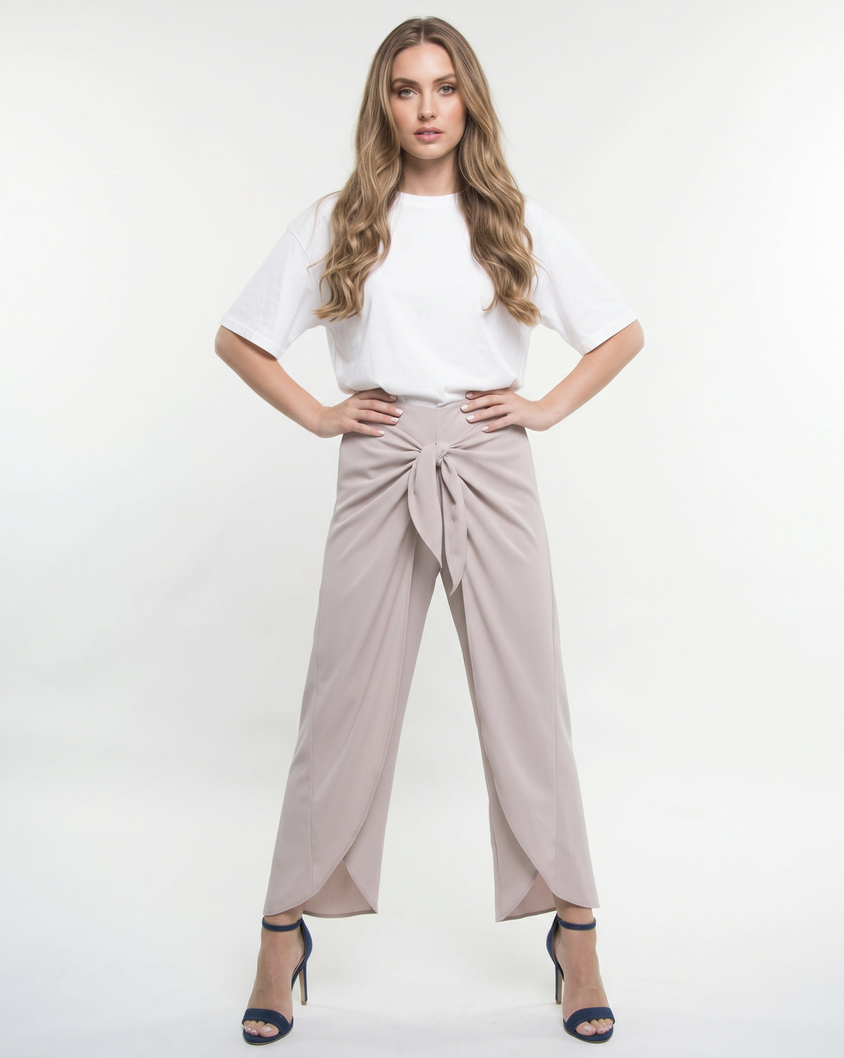 The Amara Draped Tie-Front Tulip Wide-Leg Pants in Taupe