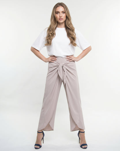 The Amara Draped Tie-Front Tulip Wide-Leg Pants in Taupe