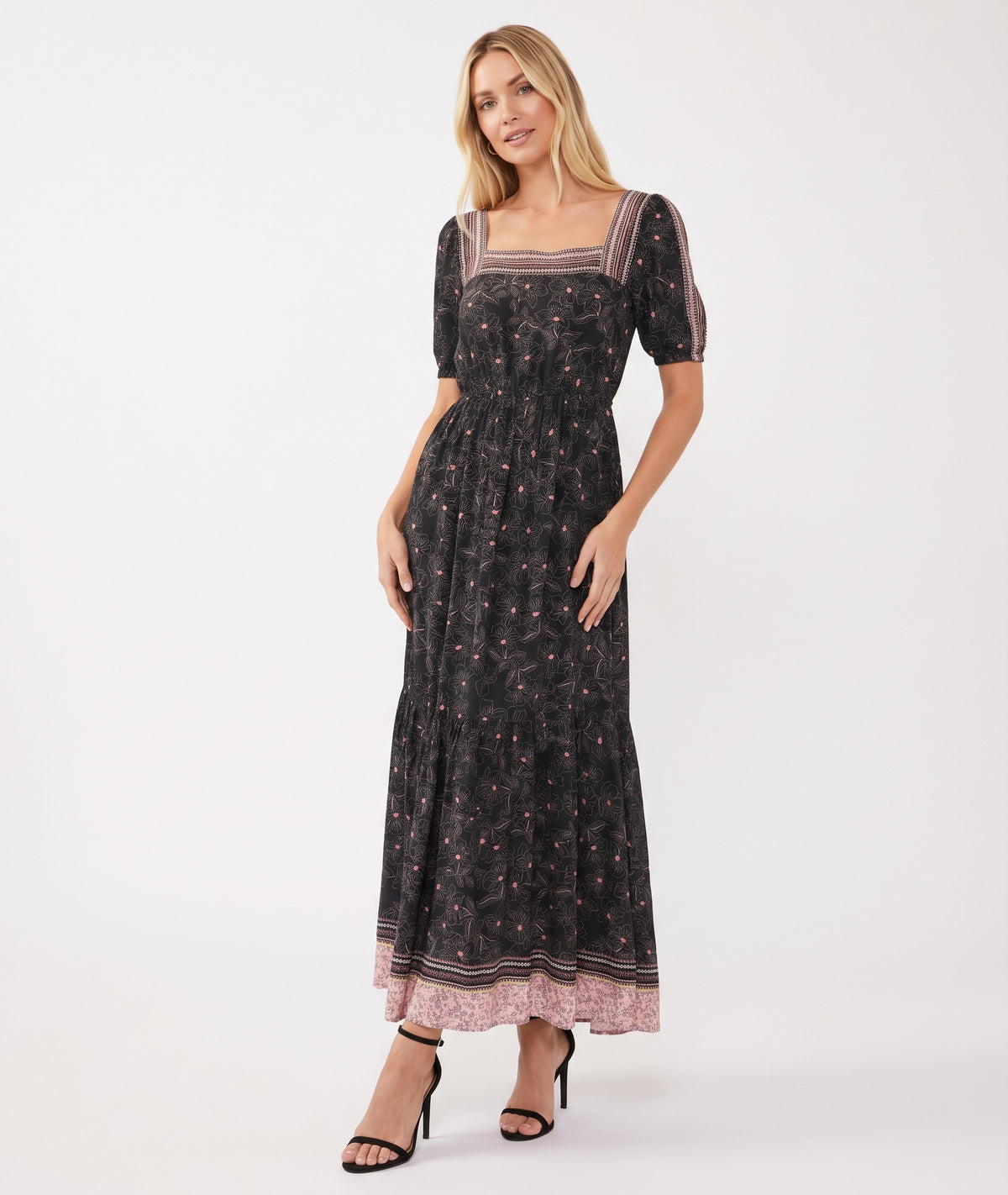 The Florence Square-Neck Border-Print Tiered Maxi Dress in Black