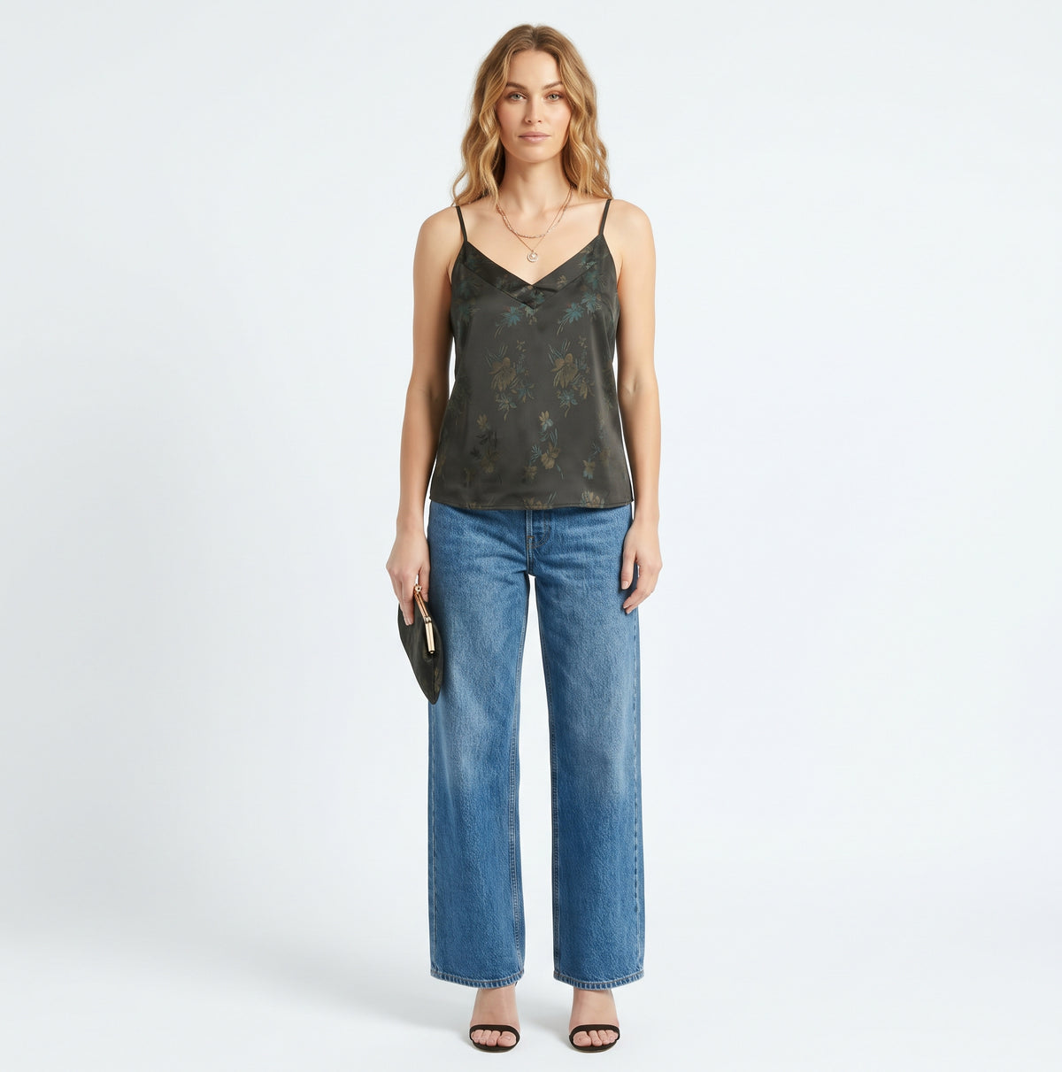 The Lyra Floral Satin V-Neck Cami Top in Dark Floral