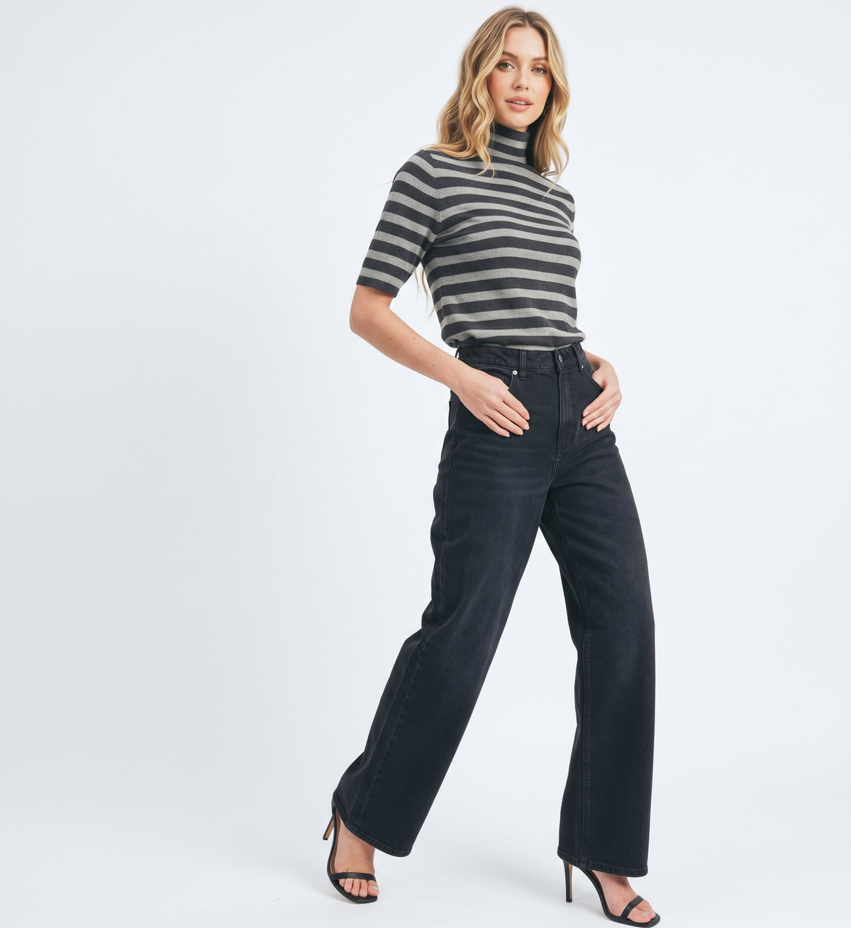The Claire Striped Mock-Neck Ribbed Knit Top