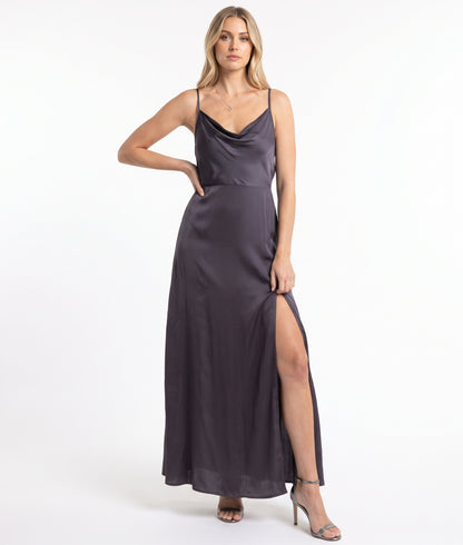 The Seraphina Cowl-Neck Slit Satin Maxi Dress in Gunmetal