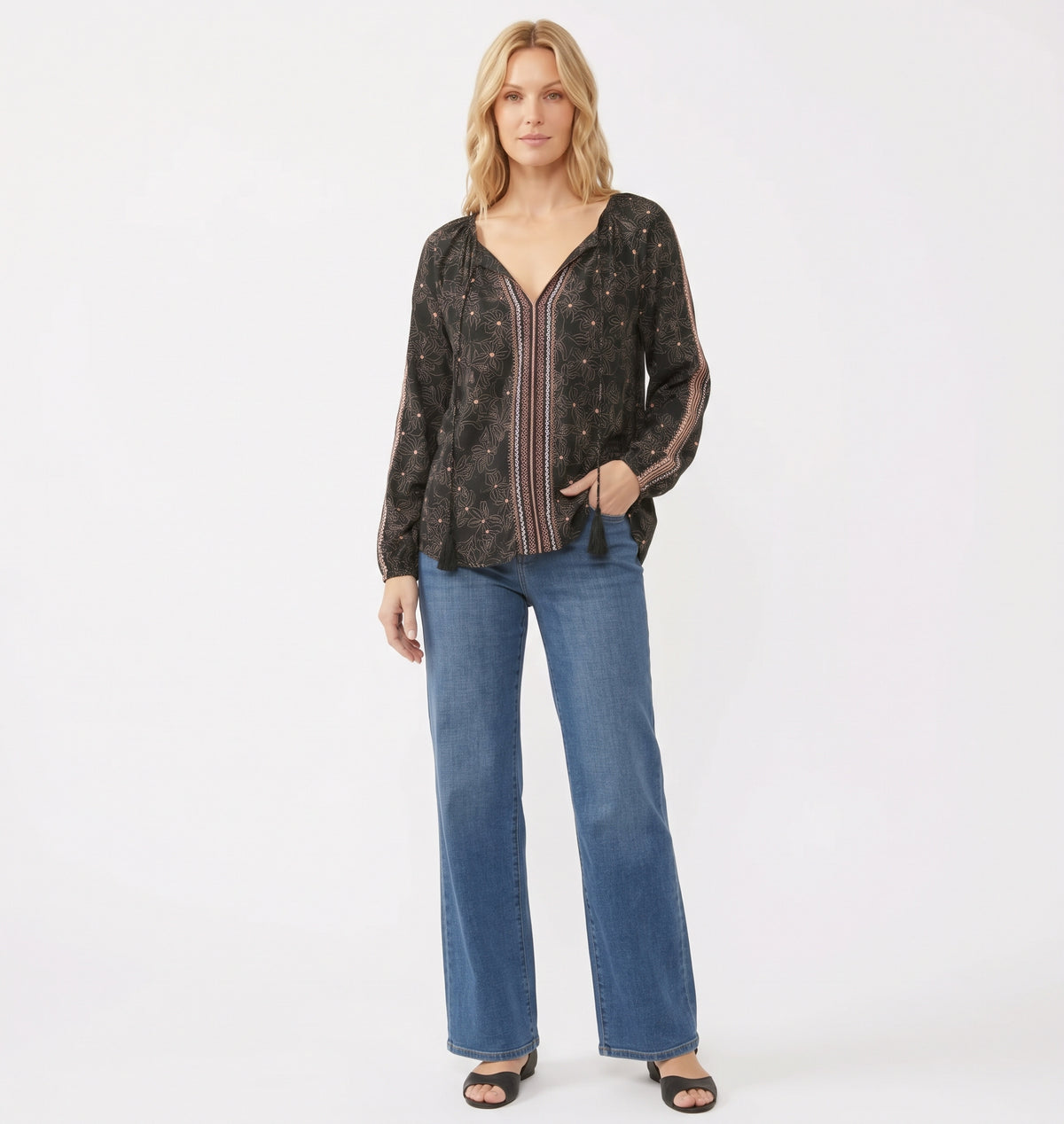 The Florence Border-Print Tassel-Tie Blouse in Black