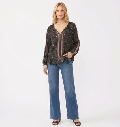The Florence Border-Print Tassel-Tie Blouse in Black