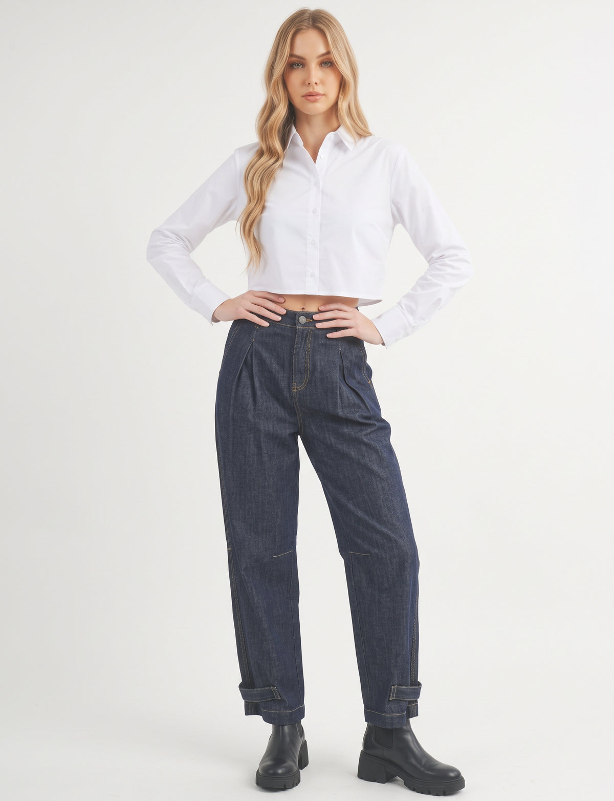 The Harlow Pleated Barrel-Leg Cuff-Tab Jeans in Dark Wash