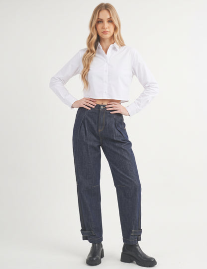 The Harlow Pleated Barrel-Leg Cuff-Tab Jeans in Dark Wash