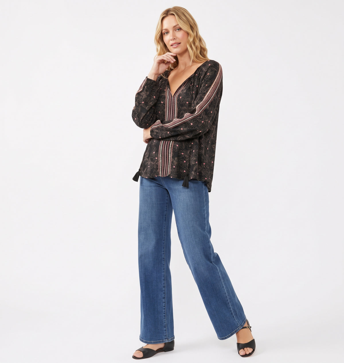 The Florence Border-Print Tassel-Tie Blouse in Black