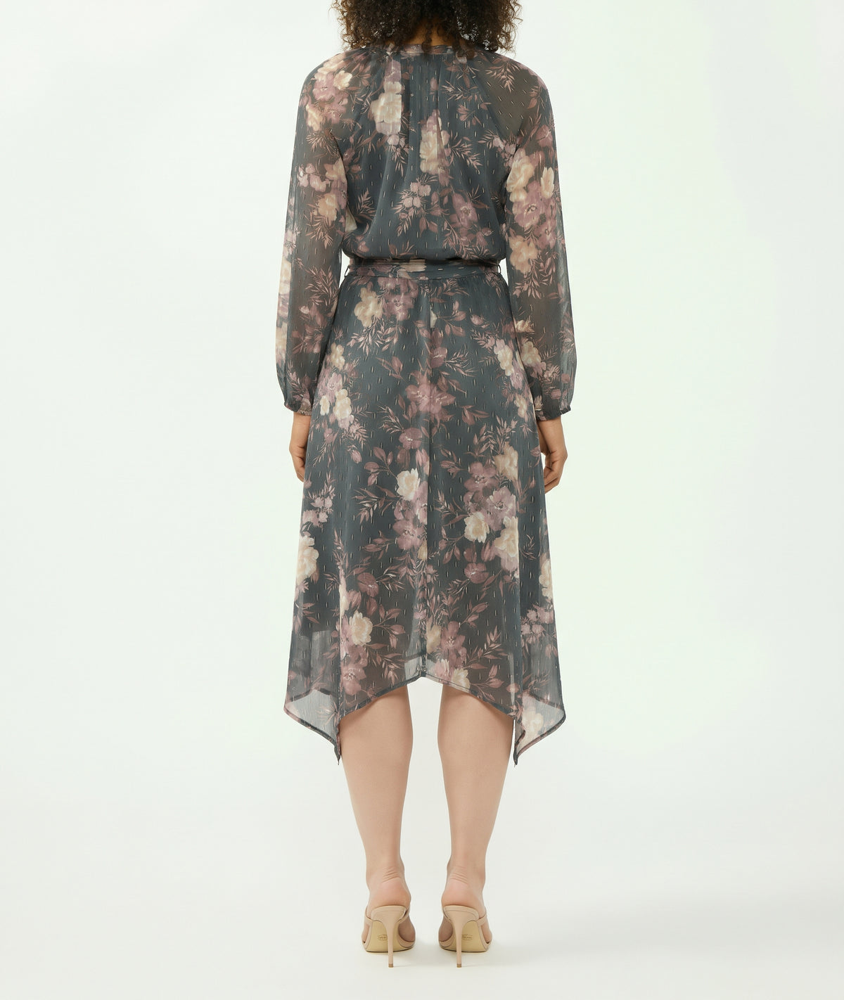 The Adelaide Handkerchief-Hem Chiffon Midi Dress in Slate Floral