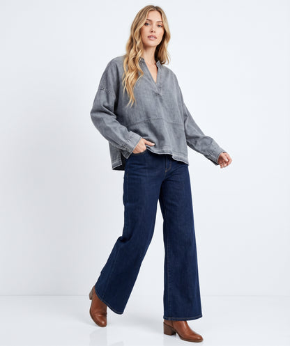 The Maeve Raw-Hem Denim Oversized Pullover in Blue