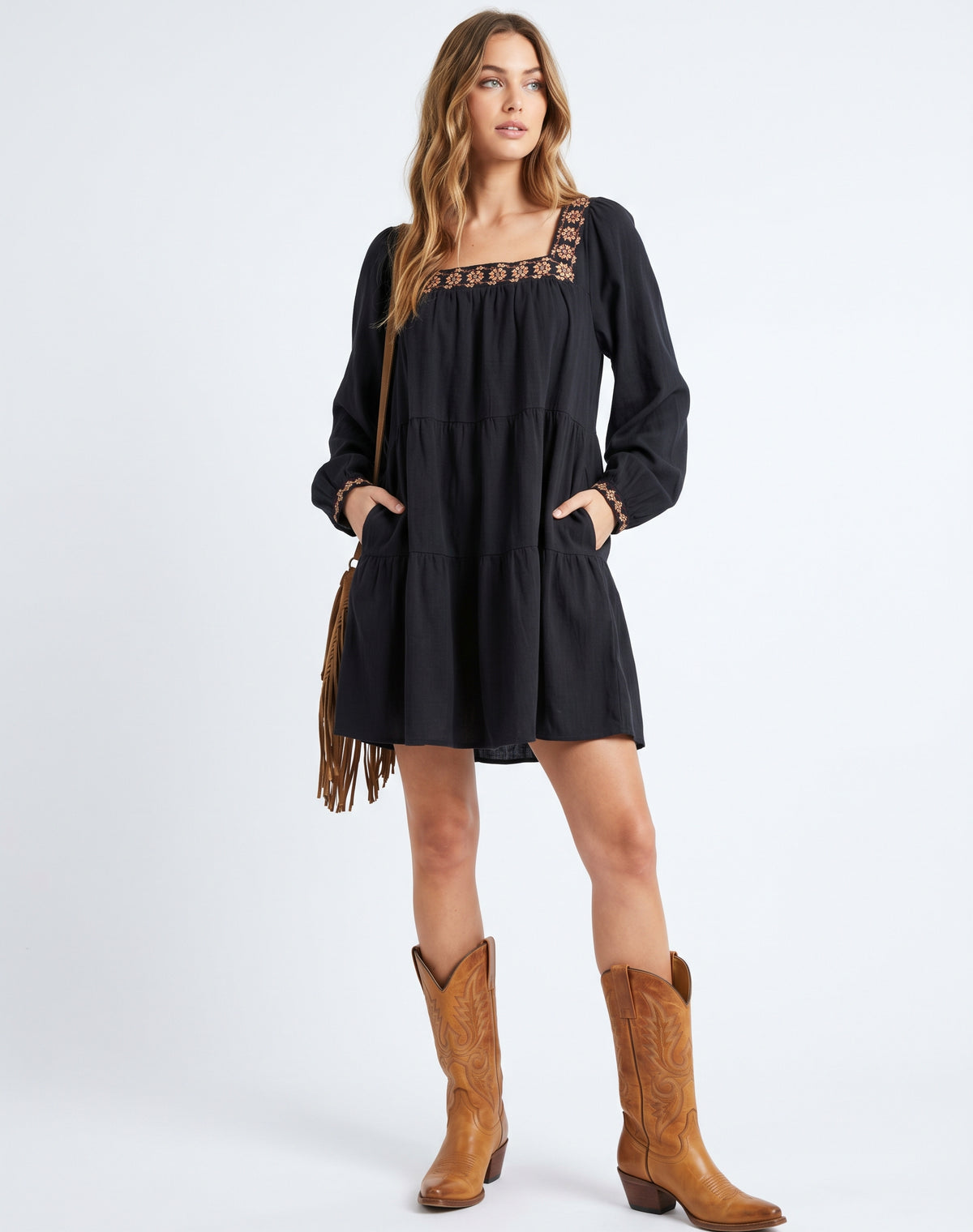 The Sienna Embroidered Square-Neck Tiered Babydoll Dress in Black