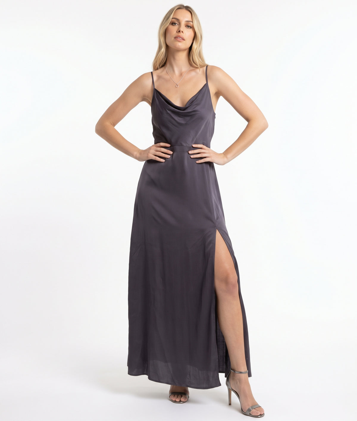 The Seraphina Cowl-Neck Slit Satin Maxi Dress in Gunmetal