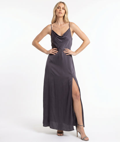 The Seraphina Cowl-Neck Slit Satin Maxi Dress in Gunmetal