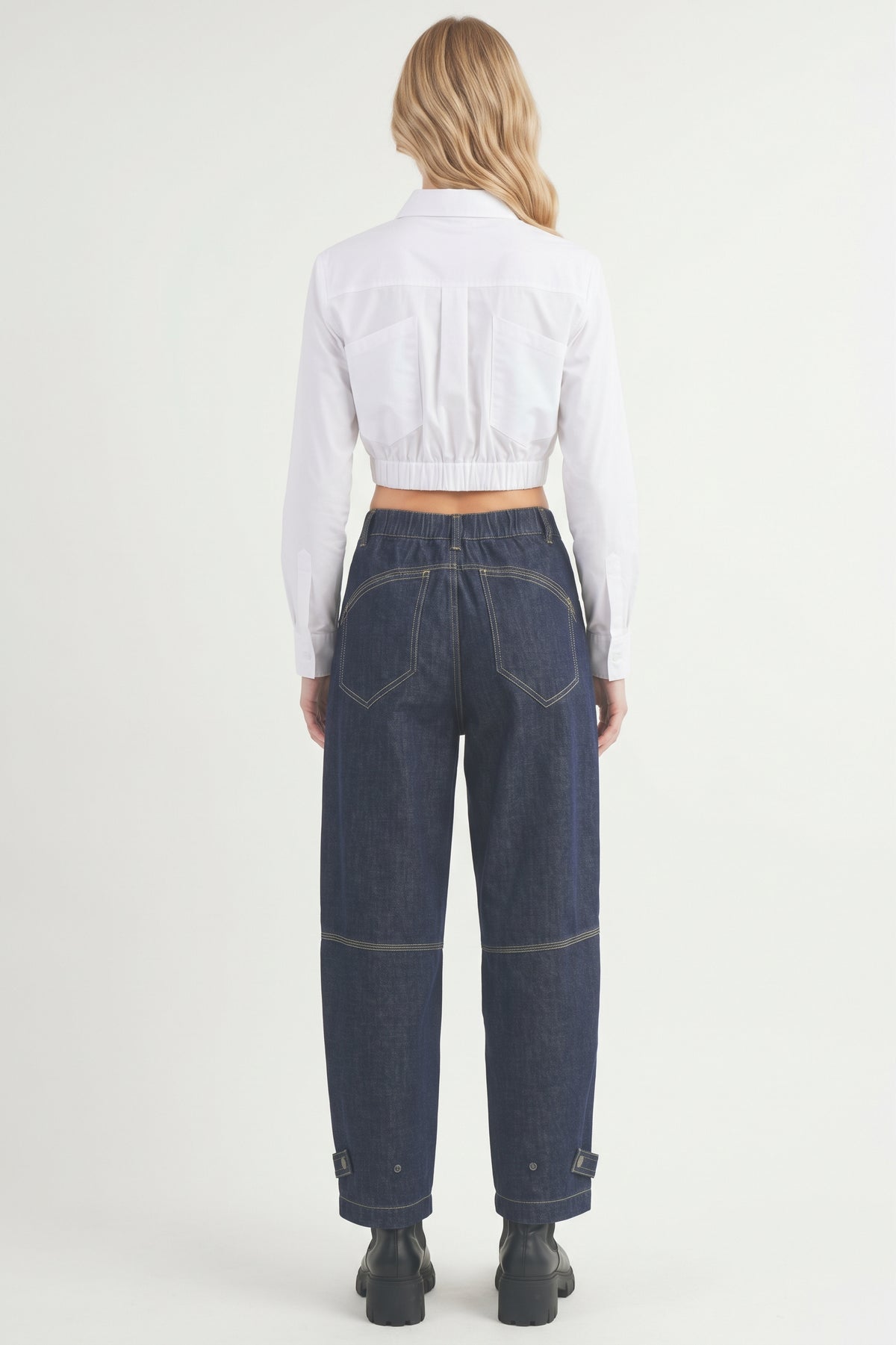 The Harlow Pleated Barrel-Leg Cuff-Tab Jeans in Dark Wash