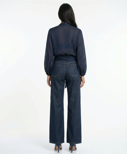 The Callista Striped Sheer Shimmer Tie-Front Blouse