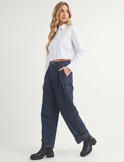 The Harlow Pleated Barrel-Leg Cuff-Tab Jeans in Dark Wash