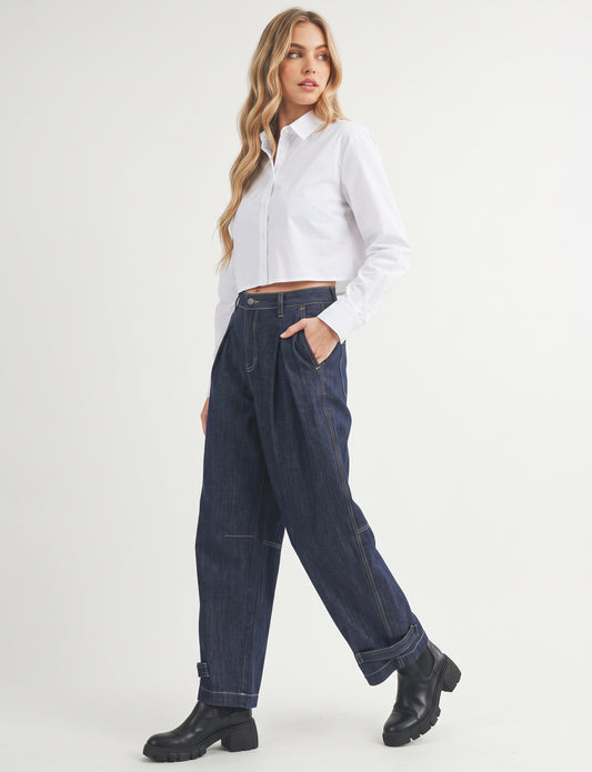 The Harlow Pleated Barrel-Leg Cuff-Tab Jeans in Dark Wash