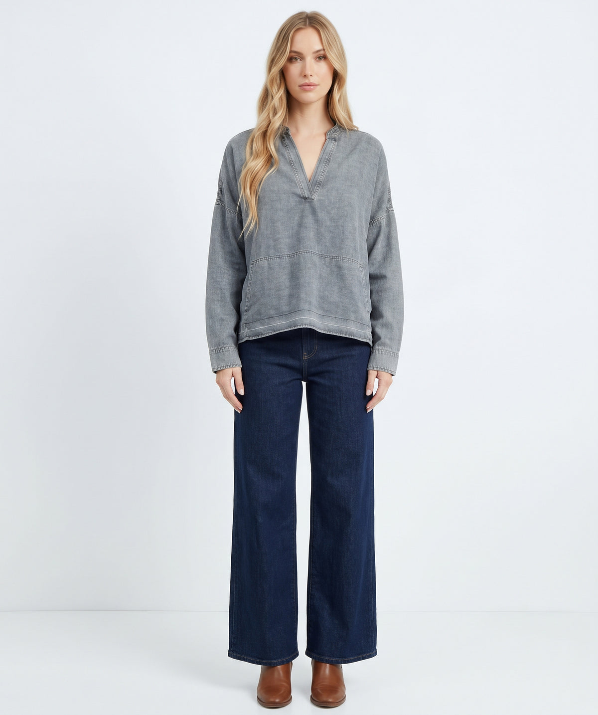 The Maeve Raw-Hem Denim Oversized Pullover in Blue