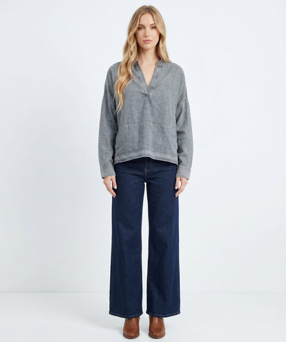 The Maeve Raw-Hem Denim Oversized Pullover in Blue