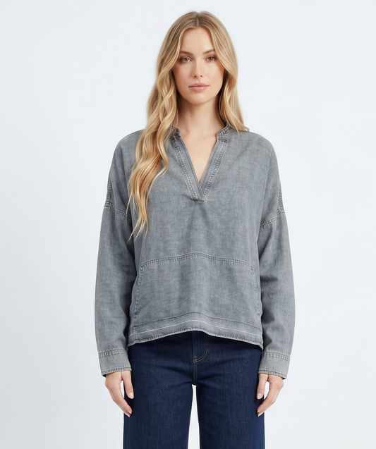 The Maeve Raw-Hem Denim Oversized Pullover in Blue