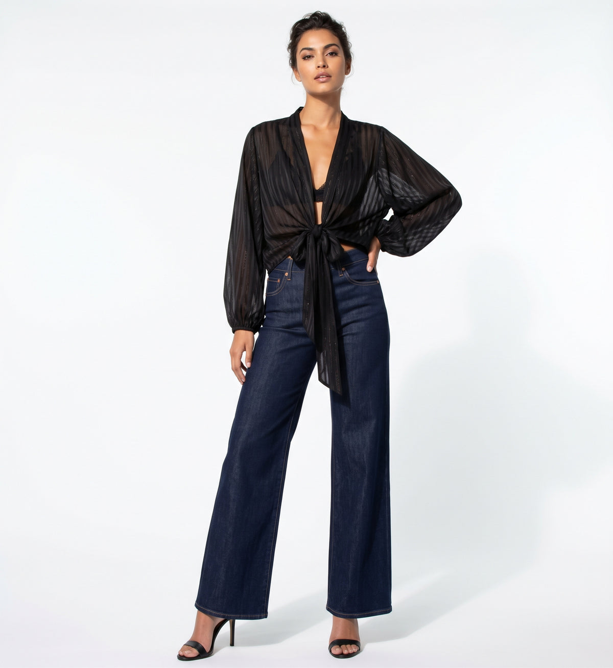 The Callista Striped Sheer Shimmer Tie-Front Blouse