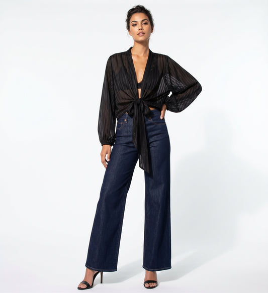 The Callista Striped Sheer Shimmer Tie-Front Blouse