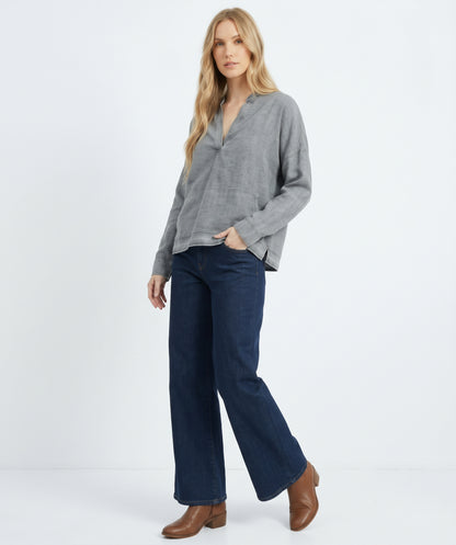 The Maeve Raw-Hem Denim Oversized Pullover in Blue