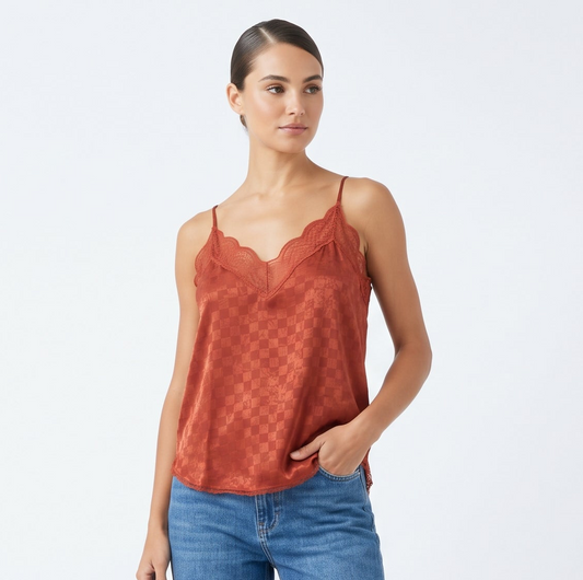 The Aria Checkered Jacquard Lace-Trim Satin Cami