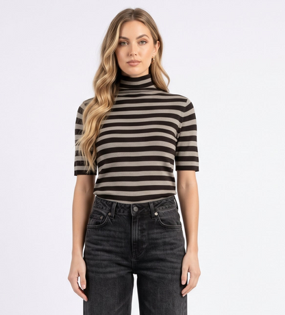 The Claire Striped Mock-Neck Ribbed Knit Top
