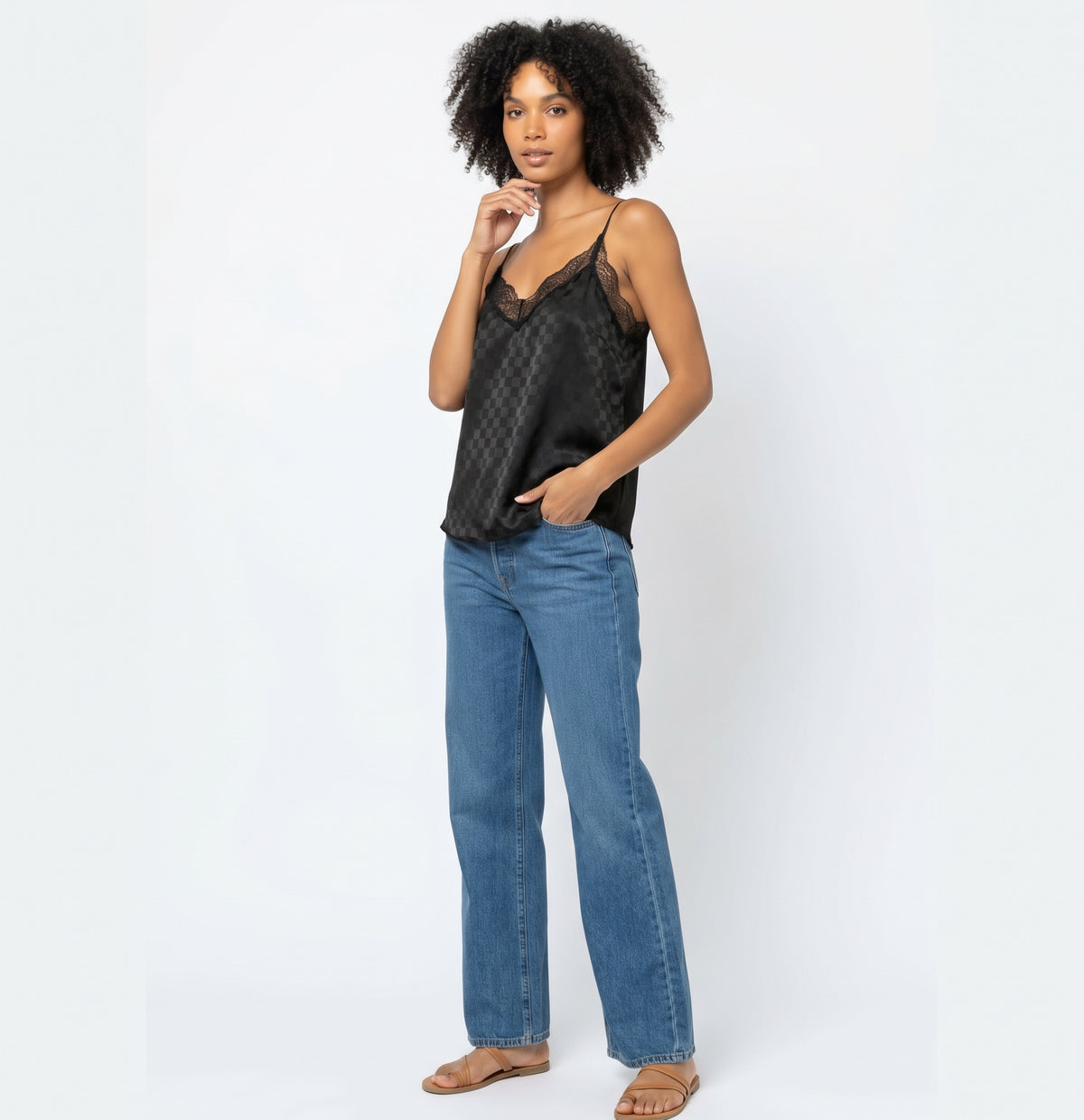 The Aria Checkered Jacquard Lace-Trim Satin Cami